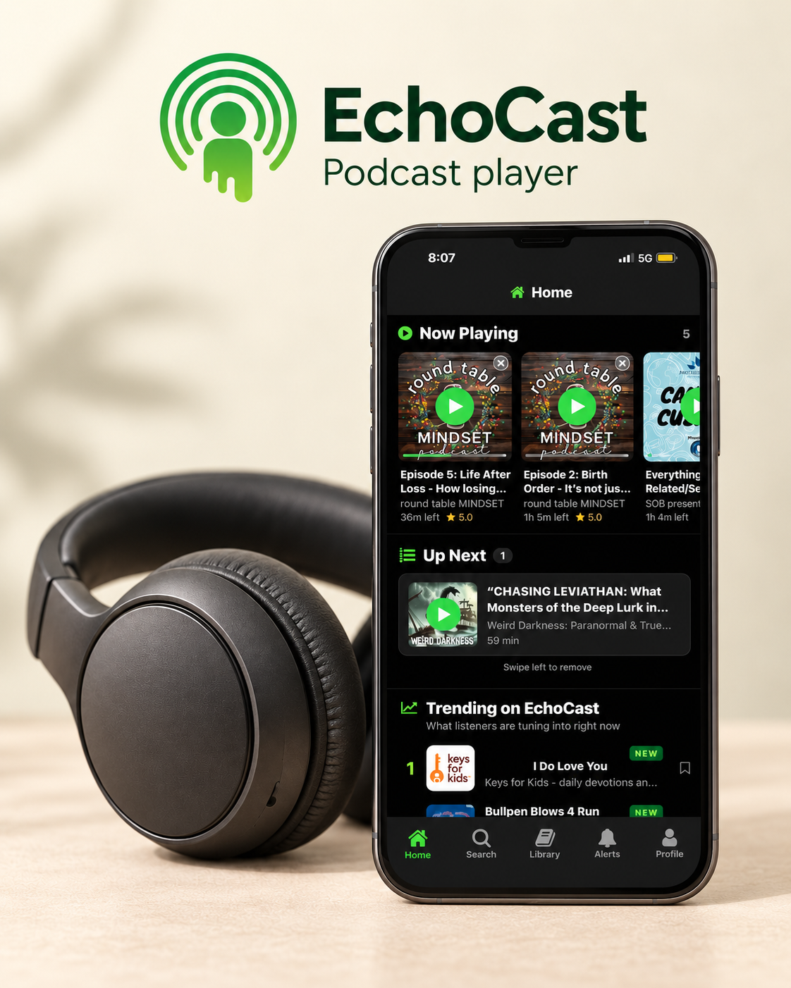 EchoCast podcast player shown on a phone beside headphones