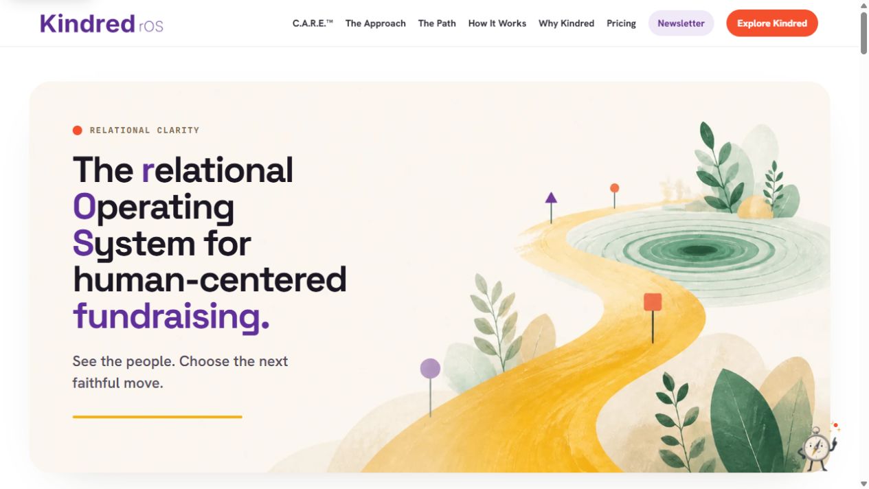 Kindred rOS public website, introducing relational clarity for fundraisers